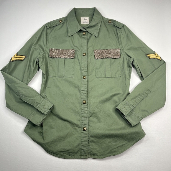 Olive Green Military Style Button Down with Sequined Pockets - Picture 1 of 4